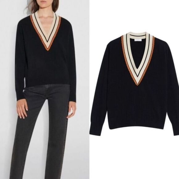 Sandro Colle Striped Neck Wool Cashmere Sweater - Picture 1 of 7